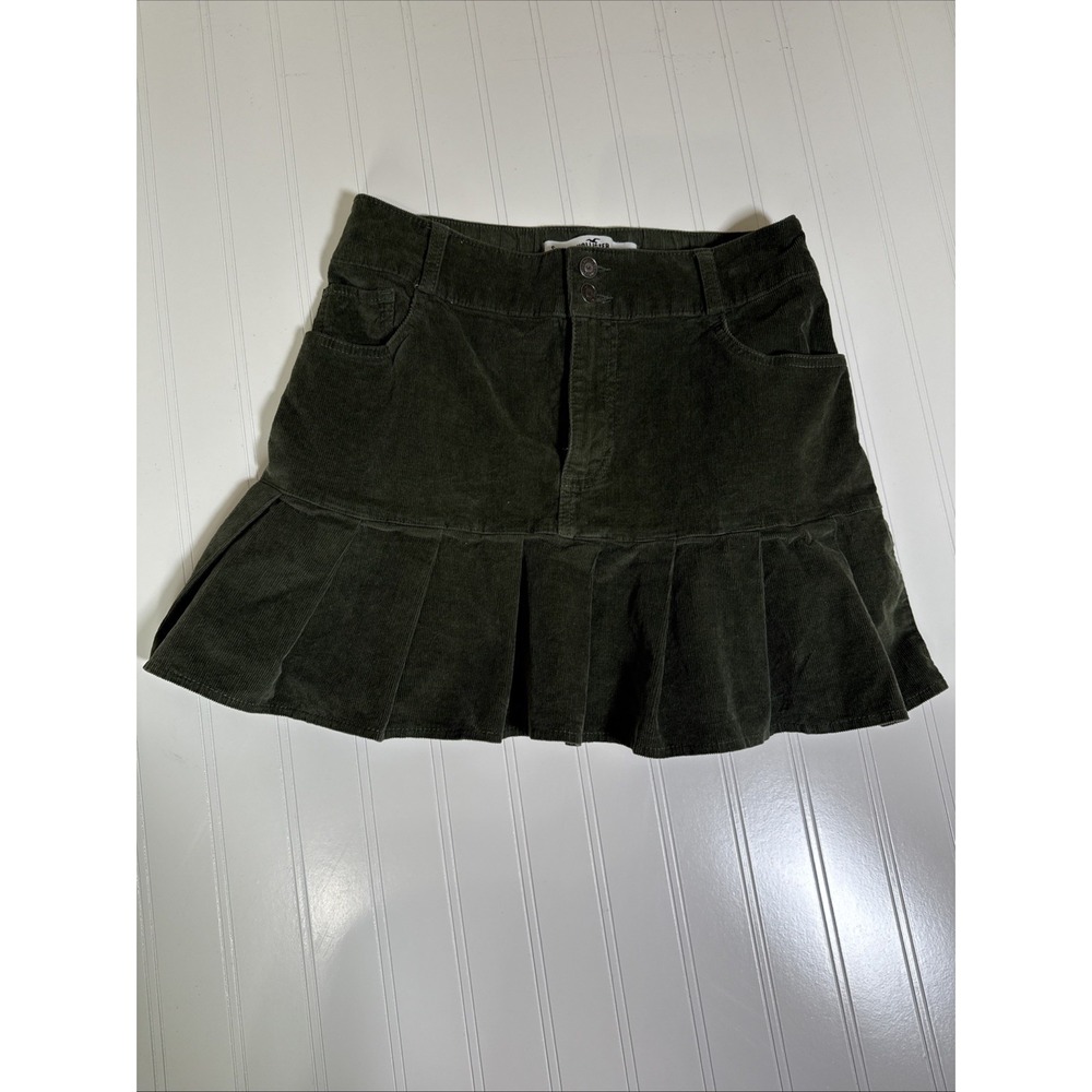 Hollister Corduroy Pleated Mini Skirt Womens Army Green High Waist w/ Pockets Sm